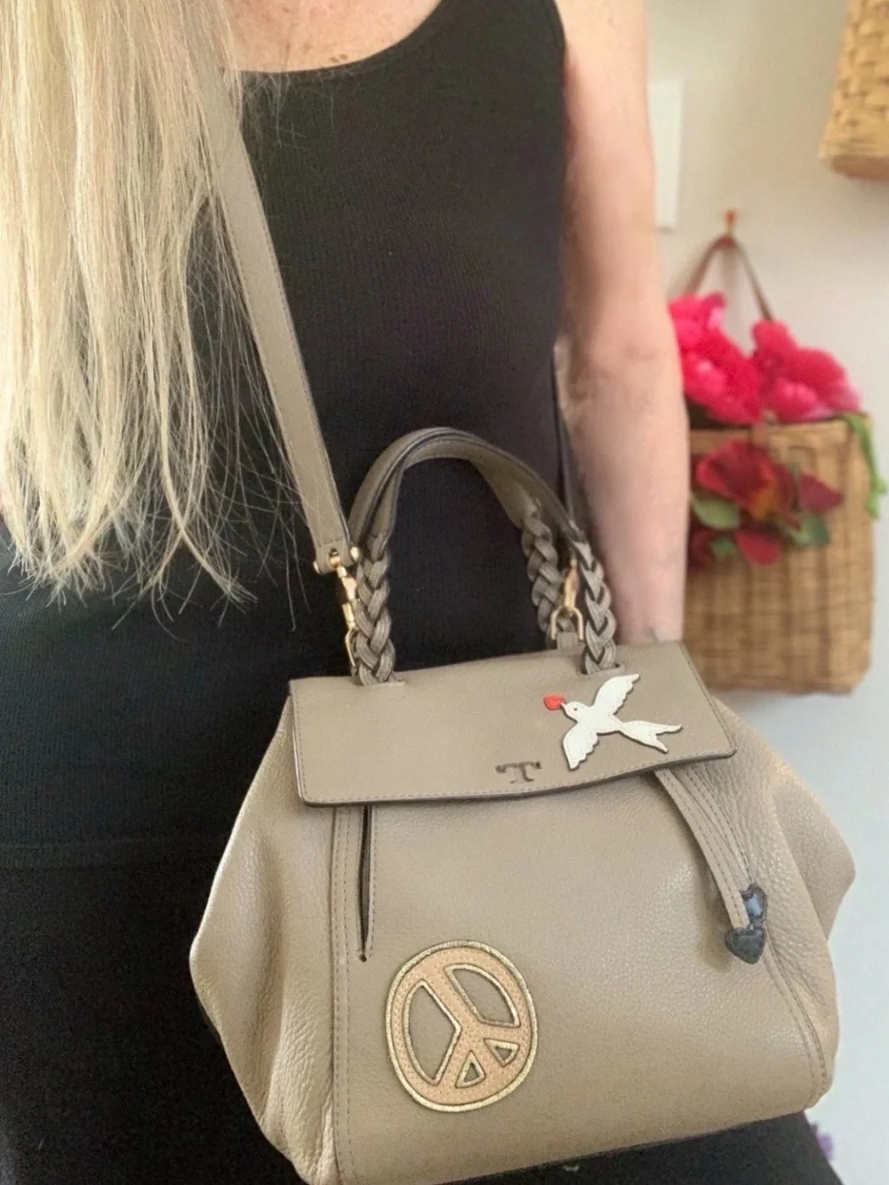 TORY BURCH PEACE LOVE HALF MOON SATCHEL FRENCH GRAY EUC